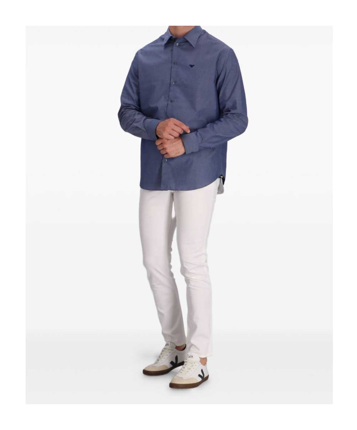 Emporio Armani Cotton Shirt With Button-down Collar And Cuffs In Blue