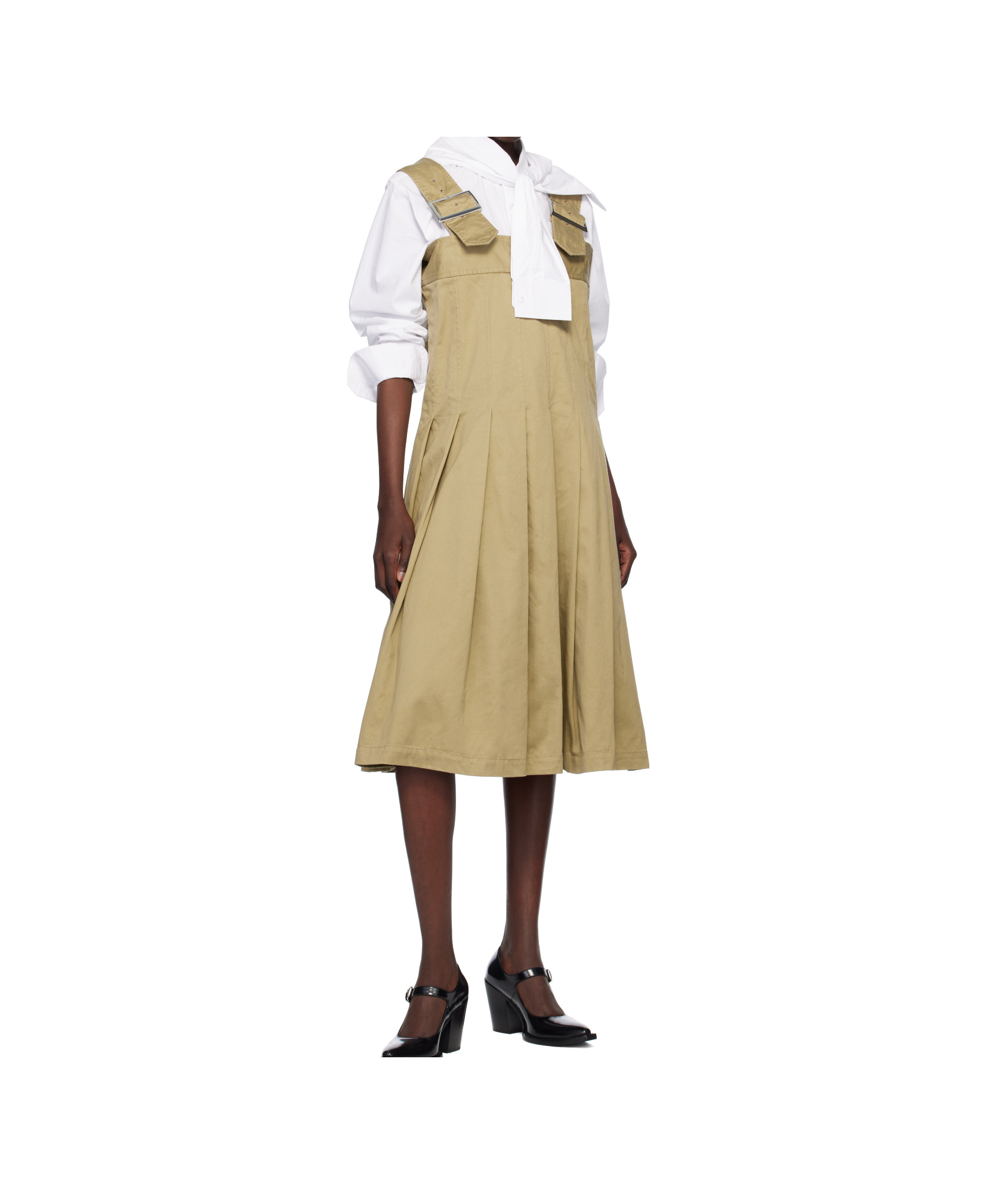 Comme Des Garçons Khaki Cotton Twill Garment Washed Midi Dress In Brown