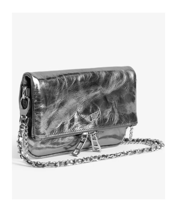 Zadig & Voltaire Rock Nano Vintage Effect Metallic Leather Clutch In Gray