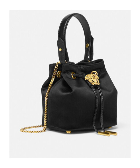 Versace La Medusa Satin Mini Bucket Bag In Black
