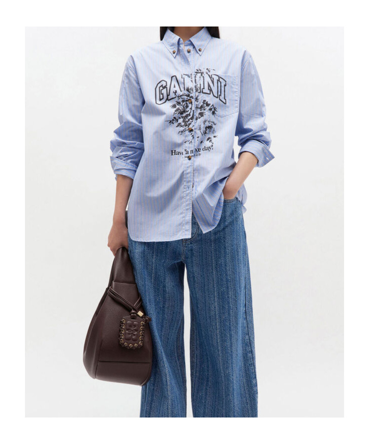 Ganni Long Sleeve Cotton Shirt With Graphic Print In Blue