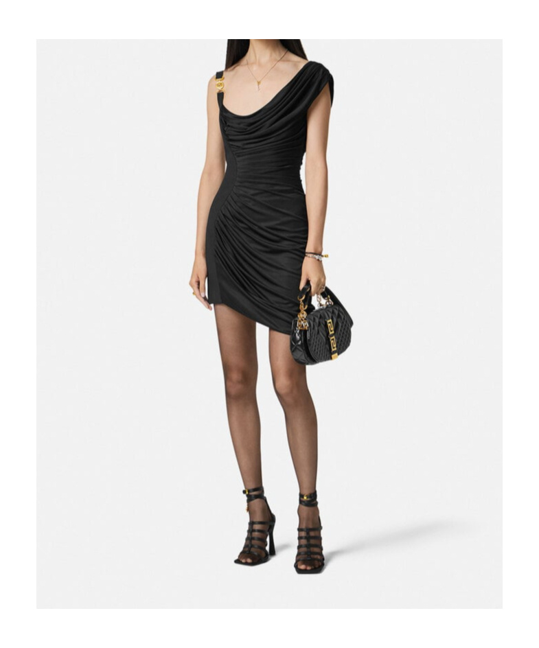 Shop Versace Medusa-head Embellished Asymmetric Minidress In Black