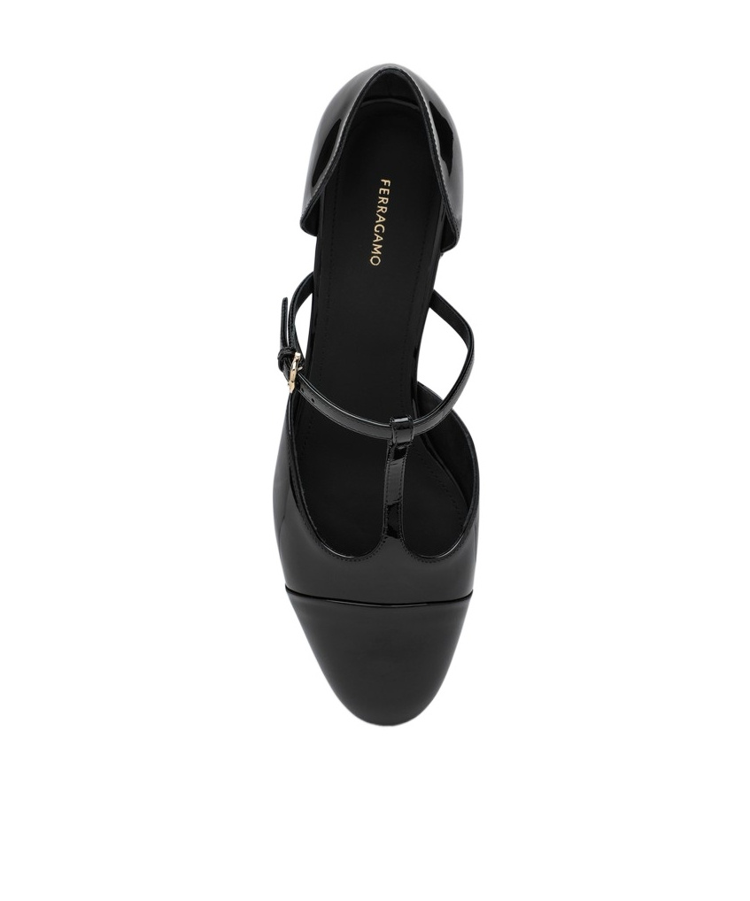 Ferragamo Linette Leather T-strap Ballerina Flats In Black