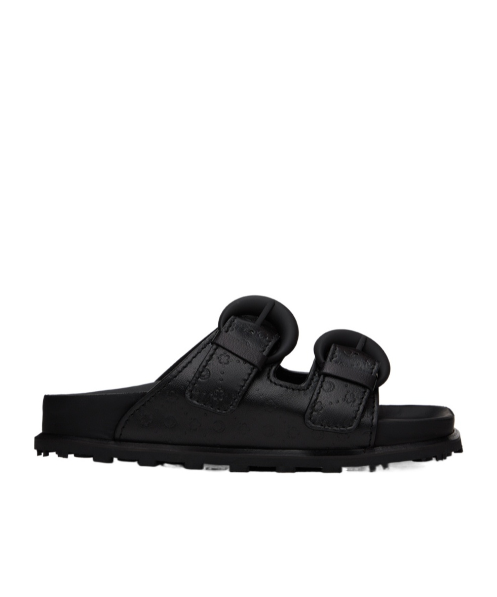 Marine Serre Embossed Leather Ms Ground Logo Embossed Slippers In Black