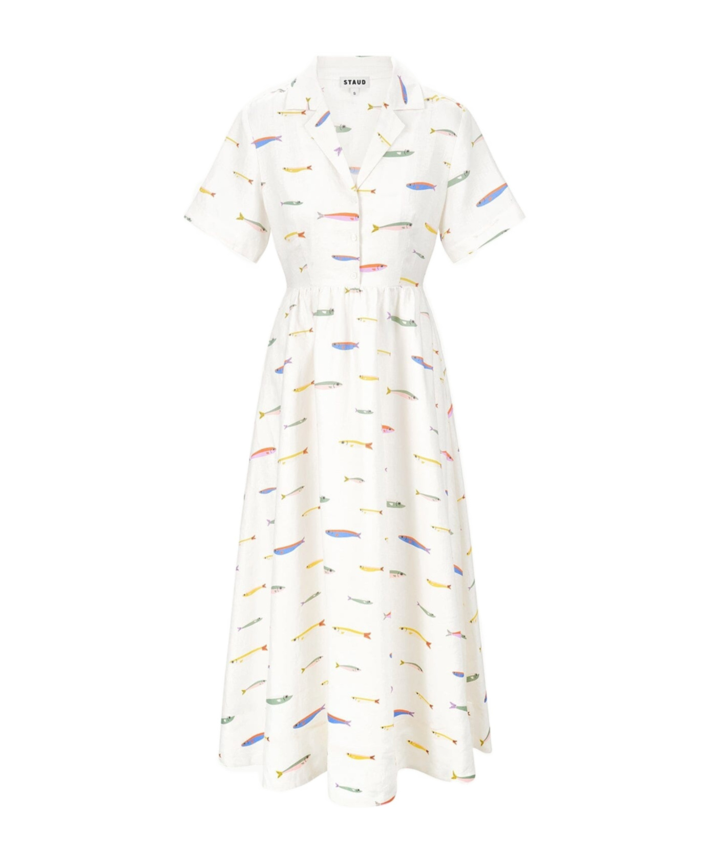 Staud Meryl Printed Linen Shirt Dress In White