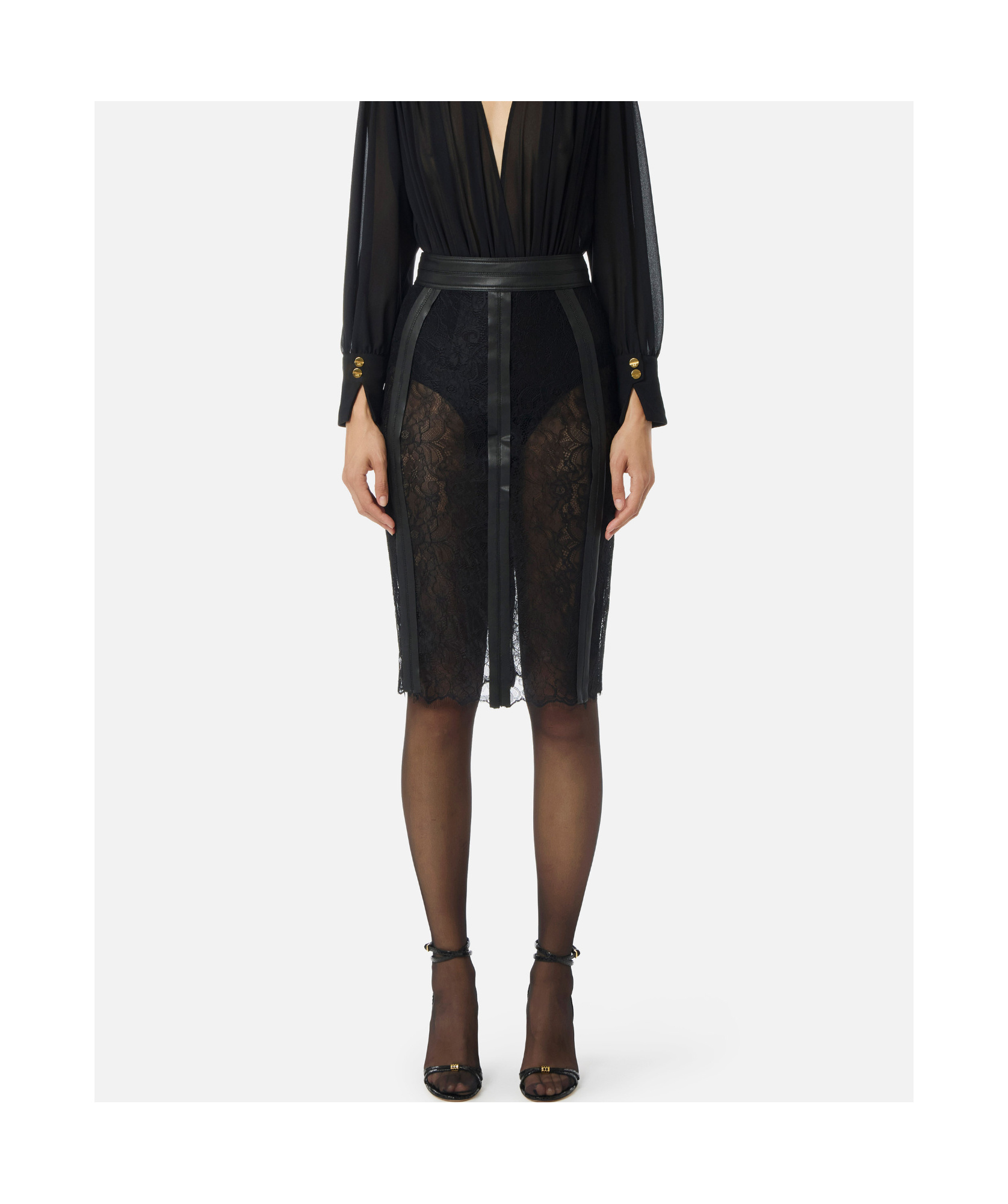 Elisabetta Franchi Leather-trimmed Lace Midi Skirt In Black