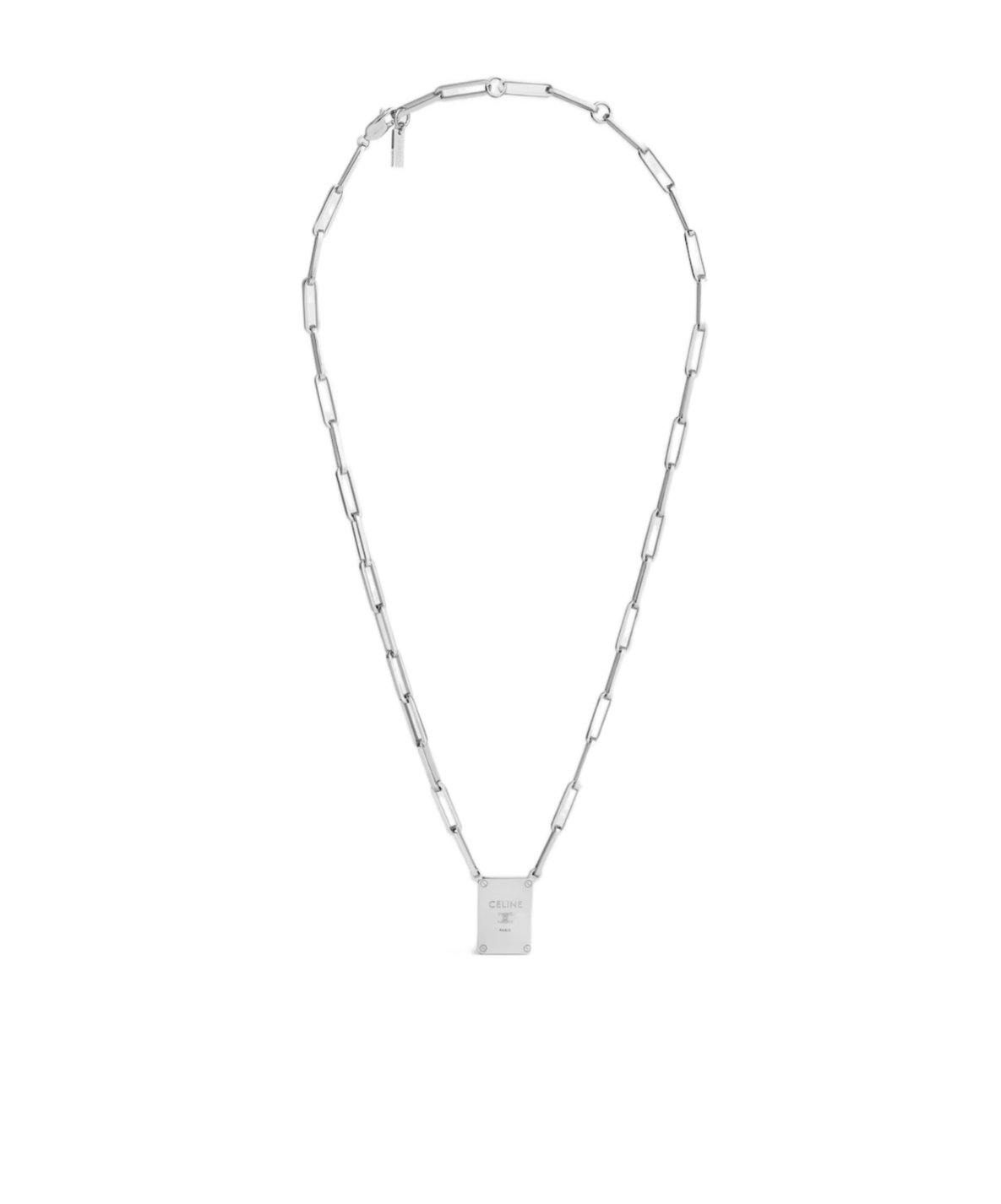 Celine Triomphe Tag Necklace In Brass With Rhodium Finish In Metallic