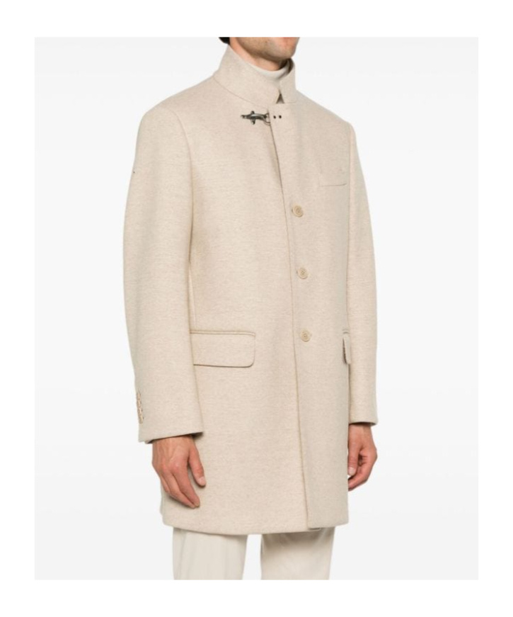 Fay Wool Blend Double-breasted Coat With High Neck In Nude