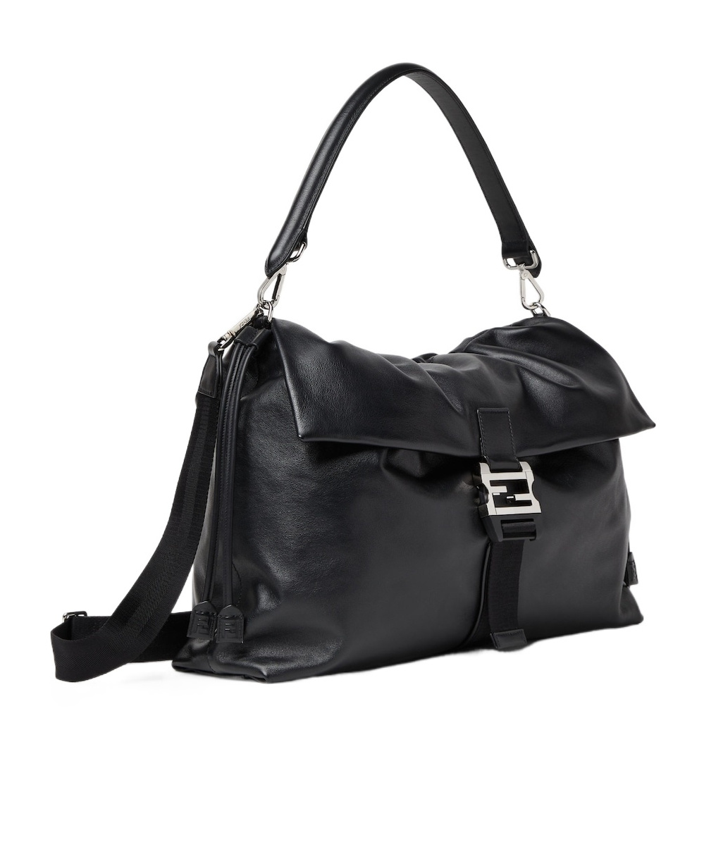 Fendi Flux Maxi Black Leather Crossbody Bag In Black