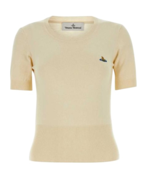 Vivienne Westwood 'bea' Cream White Cropped T-shirt With Orb Embroidery In Nude