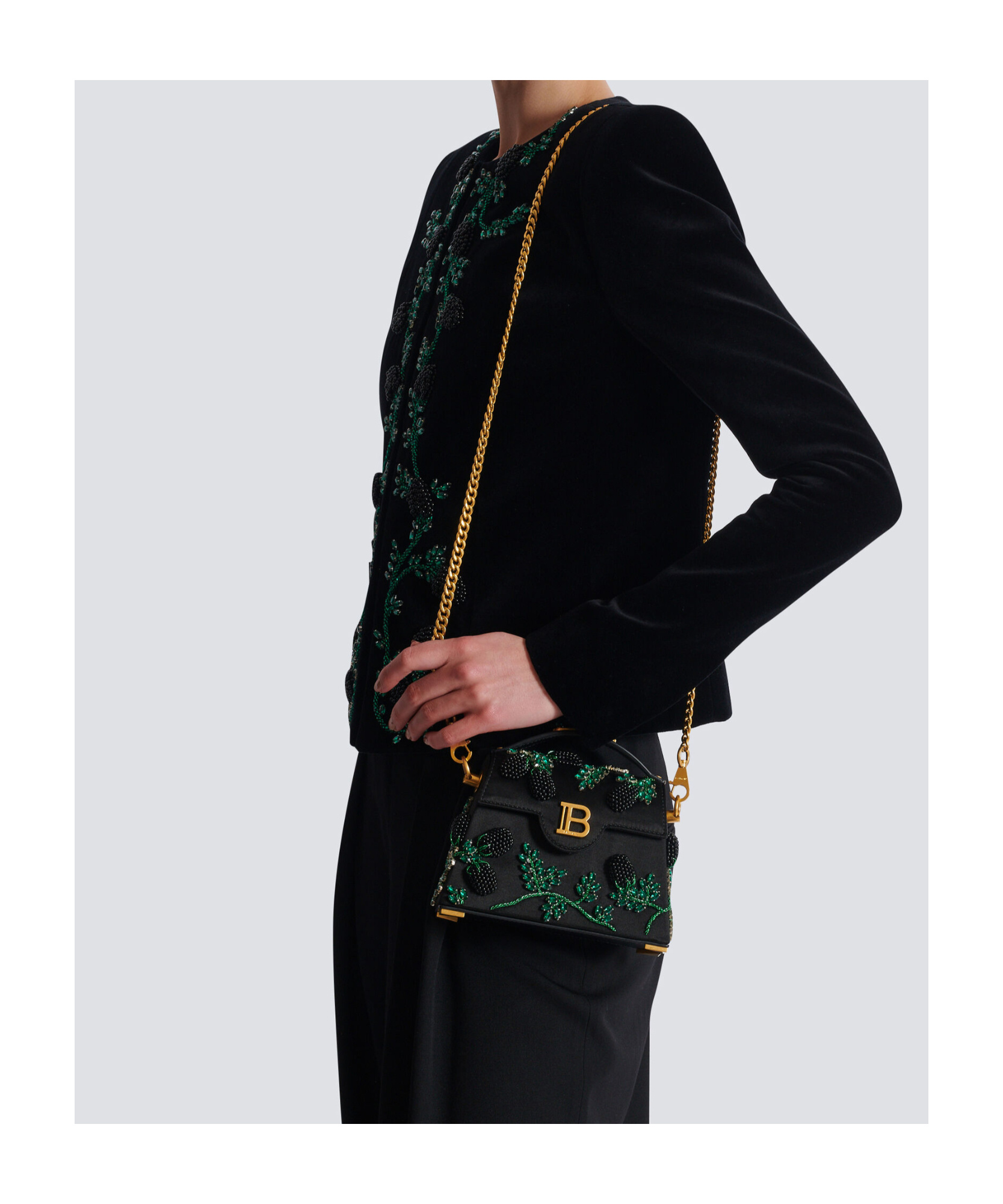 BALMAIN SMALL B-BUZZ DYNASTY BAG IN BLACKBERRY-EMBROIDERED SATIN