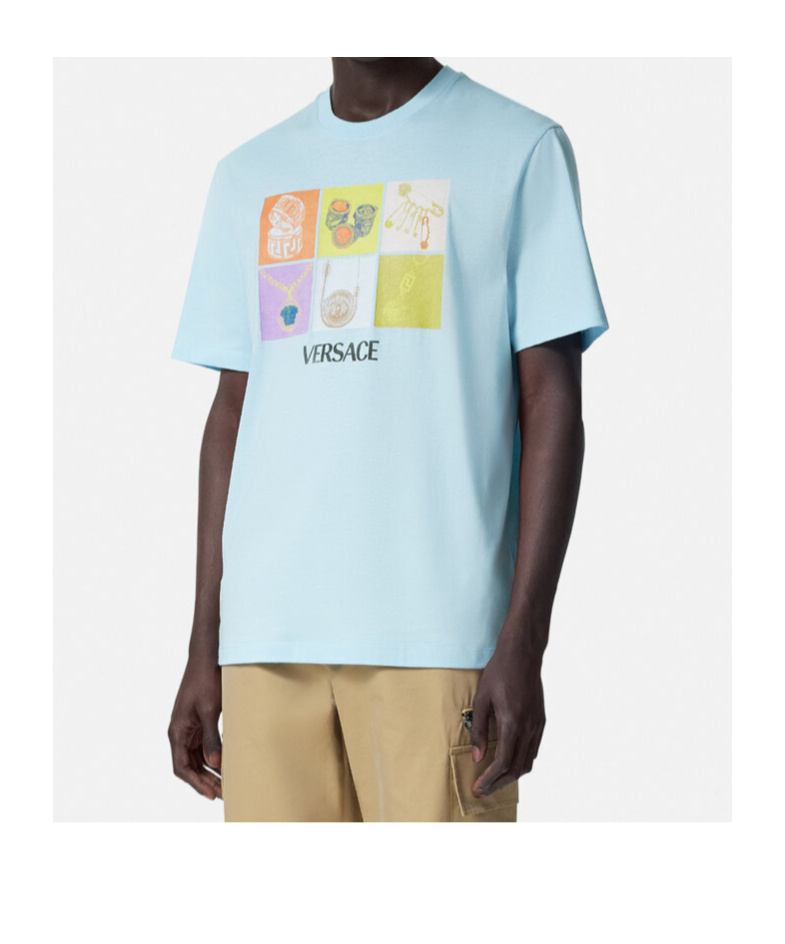 Versace Crew Neck Graphic Print Short Sleeves In Blue
