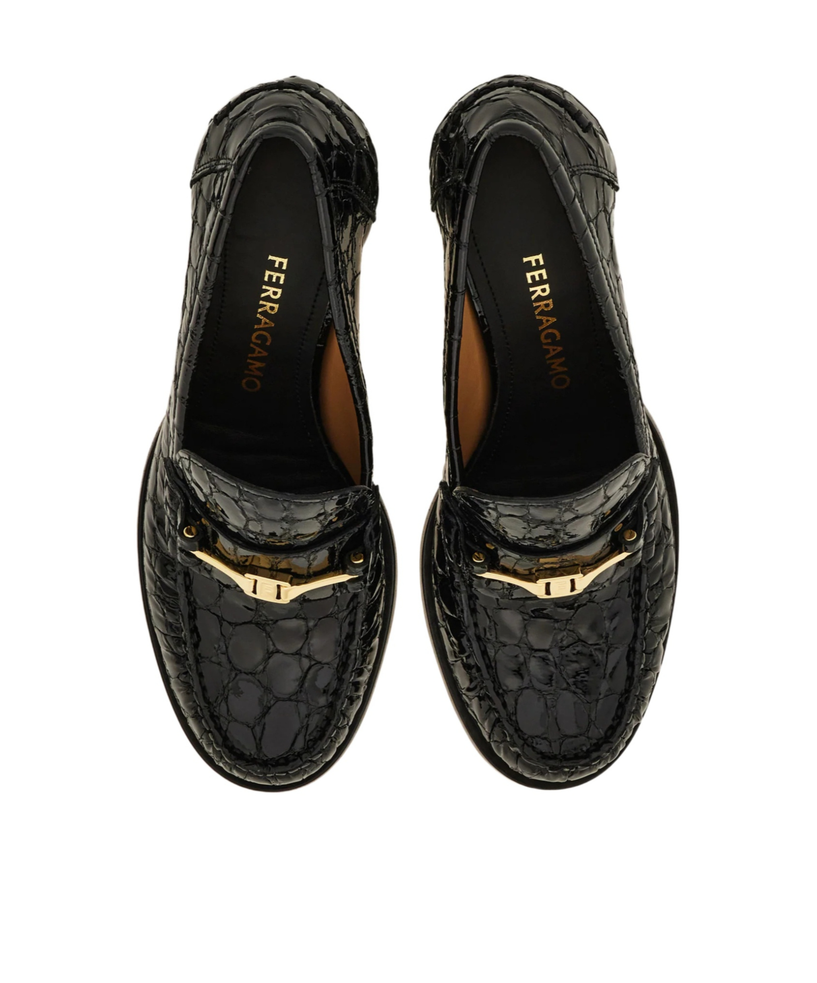 Ferragamo Croc-embossed Block Heel Round Toe Pumps In Black