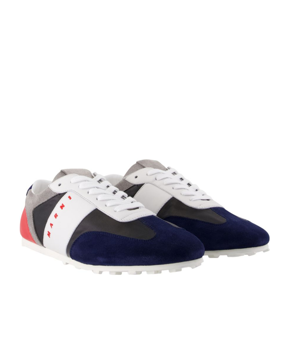 Marni Logo-embroidered Suede-trimmed Leather Sneakers In Blue