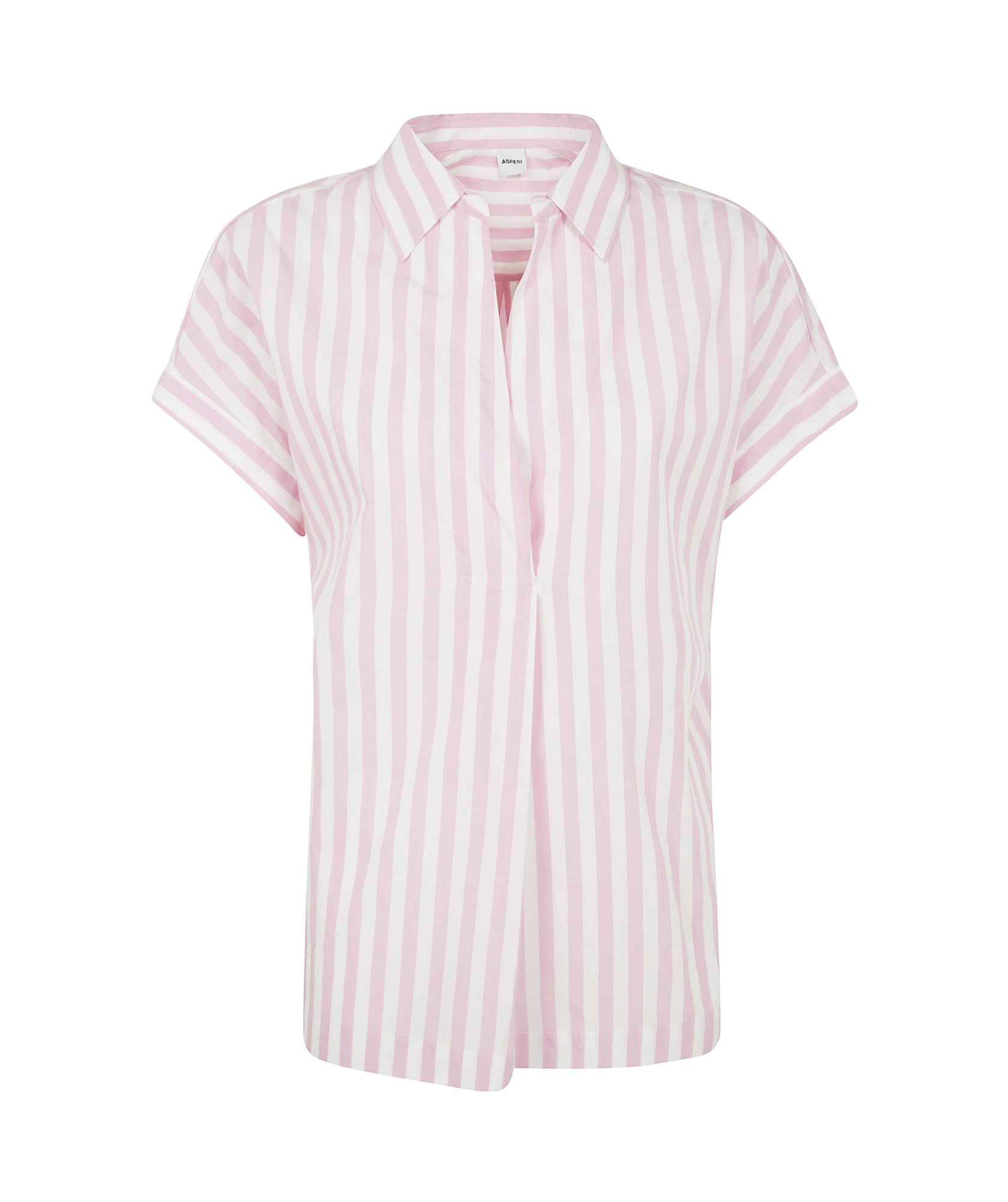 Aspesi Striped Poplin Top With Polo Collar And Side Slits In Pink Stripe