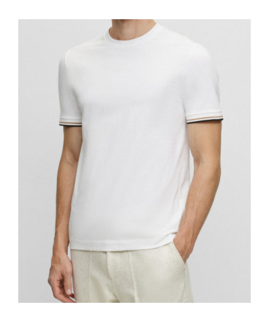 Shop Hugo Boss Striped-cuffs Cotton T-shirt In White