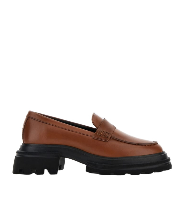 Hogan Round Toe Brown Leather Moccasin With Soft Insole And Eva Sole In Brown