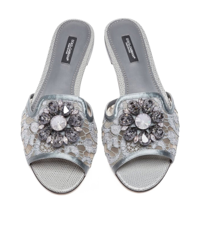 Shop Dolce & Gabbana Crystal-flower Lace Slides In Gray