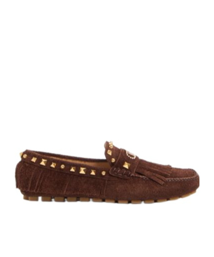 Valentino Garavani Driver Fastaway Loafer With Fringes And Decorative Studs In Brown