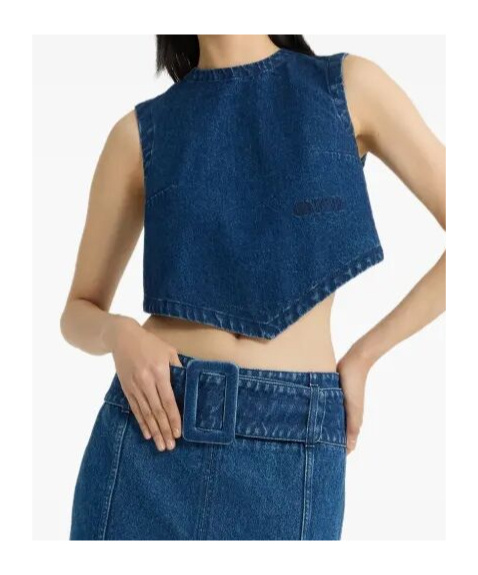 Patou Bow Detail Cropped Denim Top With Open Back In Dark Blue