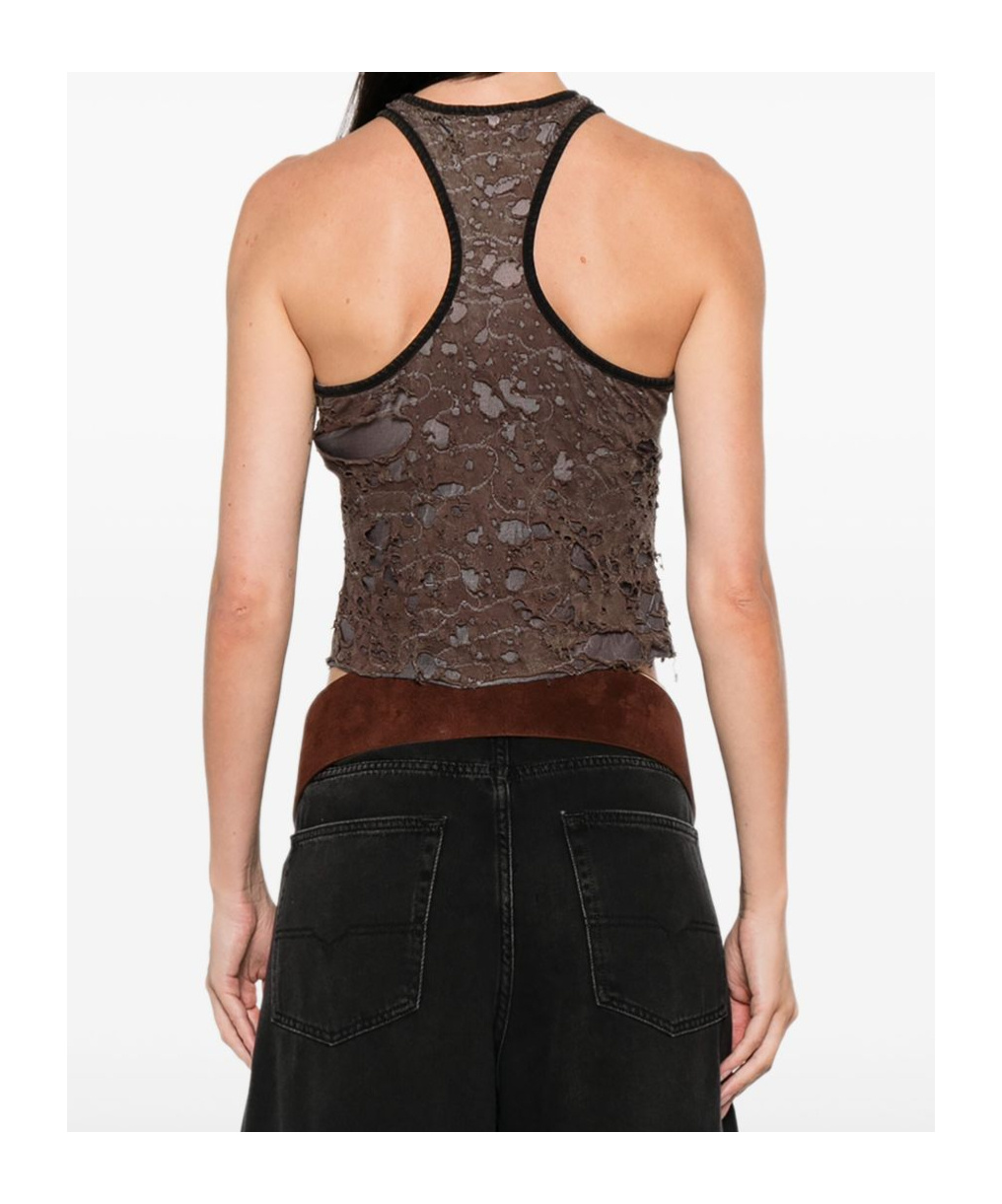 Diesel Logo Embroidered Distressed Sleeveless Top In Brown
