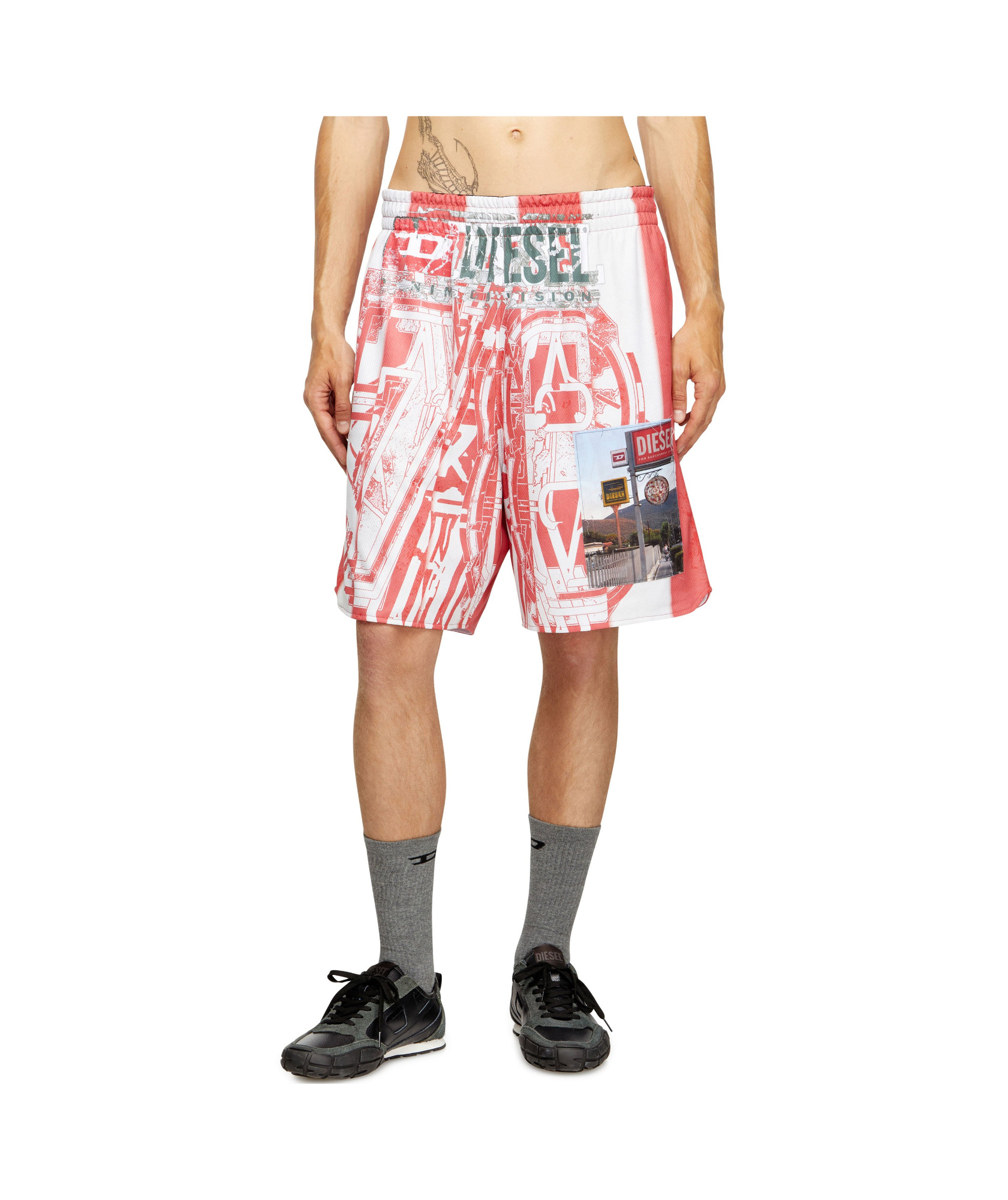 Diesel Graphic Print Elastic Waistband Shorts With Back Pocket In Pink