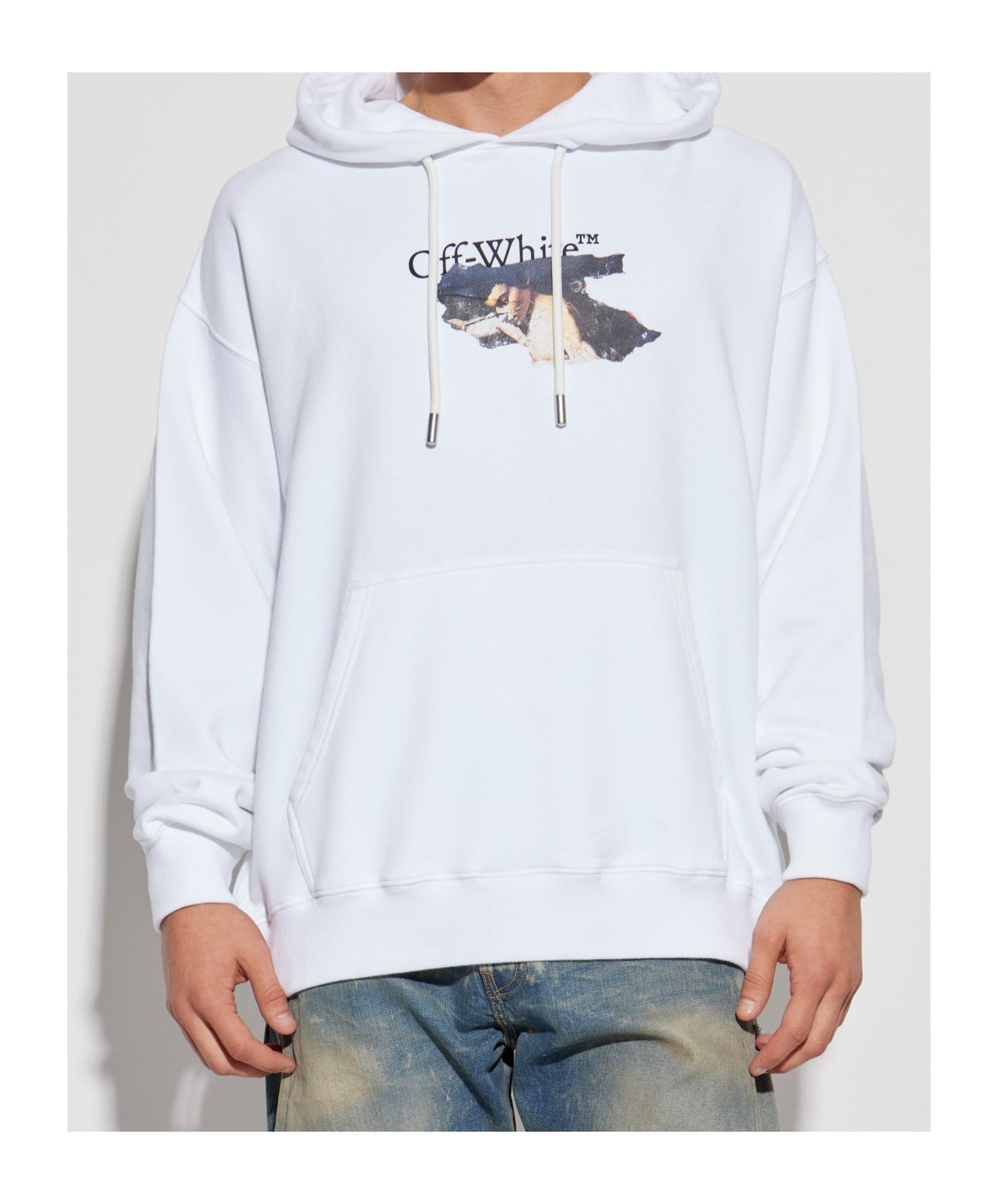 Off-white Logo Printed Drawstring Hoodie In White