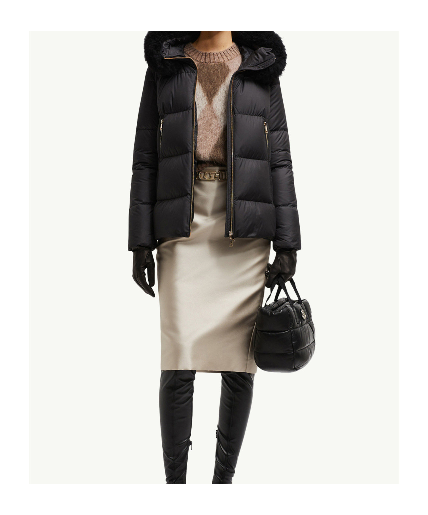 Moncler Laichefur Hooded Shearling-trimmed Short Down Jacket In Black