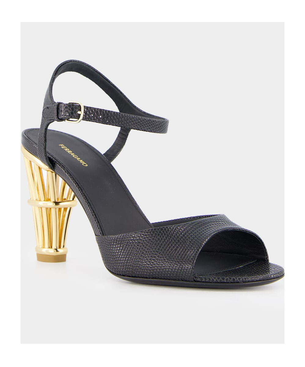 Ferragamo Nikla 85 Cage-heel Sandals In Lizard Print Leather In Black