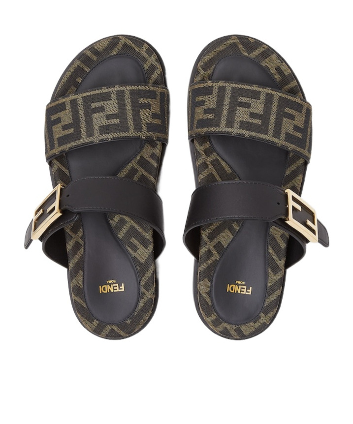 Fendi Black Leather And Brown Ff Fabric Slides In Black