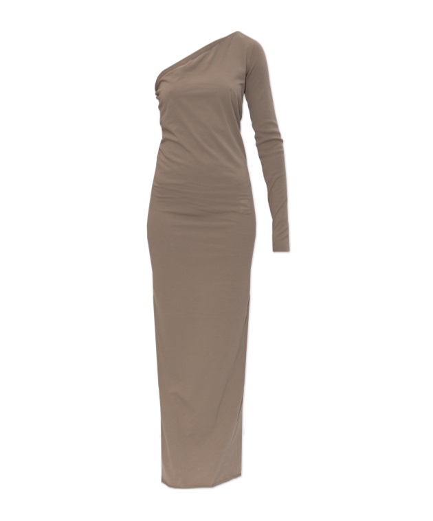 Rick Owens Drkshdw One-shoulder Long-sleeve Maxi Dress In Brown