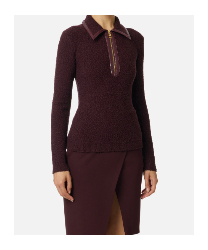 Elisabetta Franchi Boucle Knit Polo Shirt With Vinyl Details In Burgundy