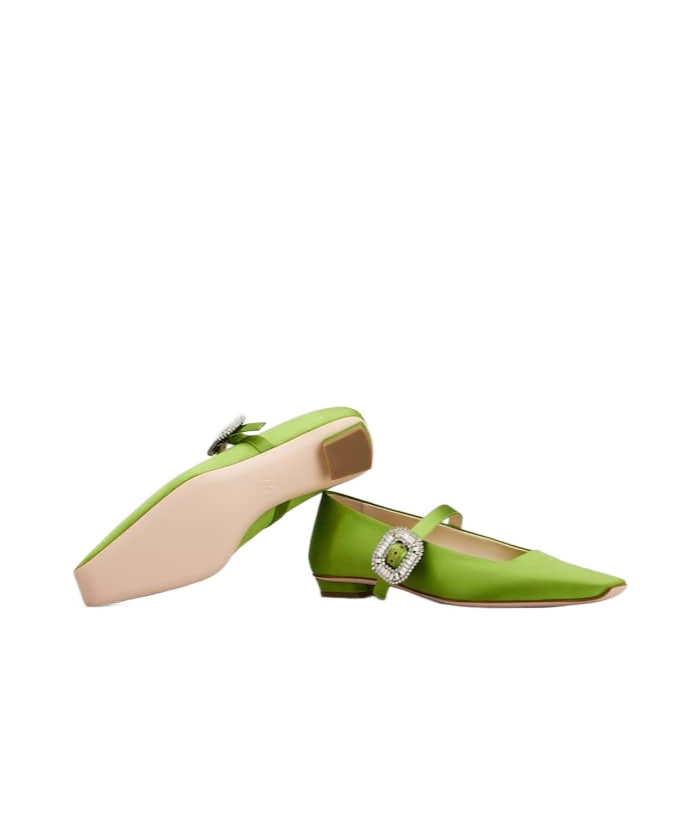 Roger Vivier Crystal Buckle Pointed Toe Satin Strap Shoes In Green