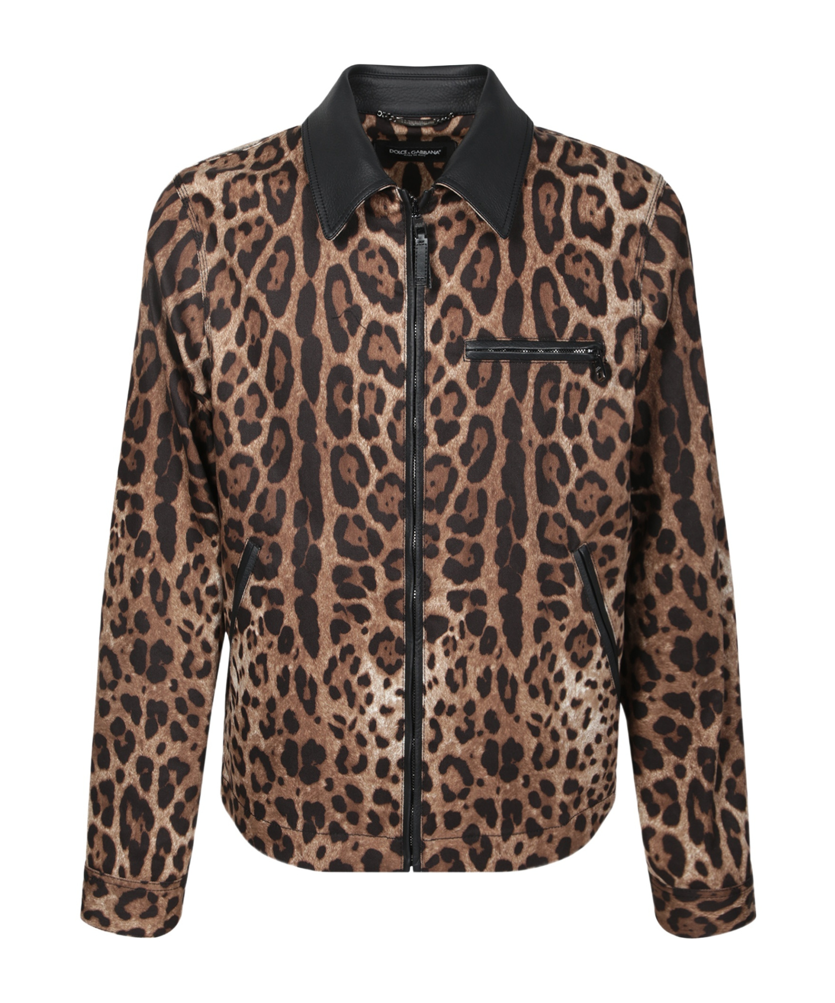 Dolce & Gabbana Leopard Print Jacket With Black Leather Collar In Animalier Brown