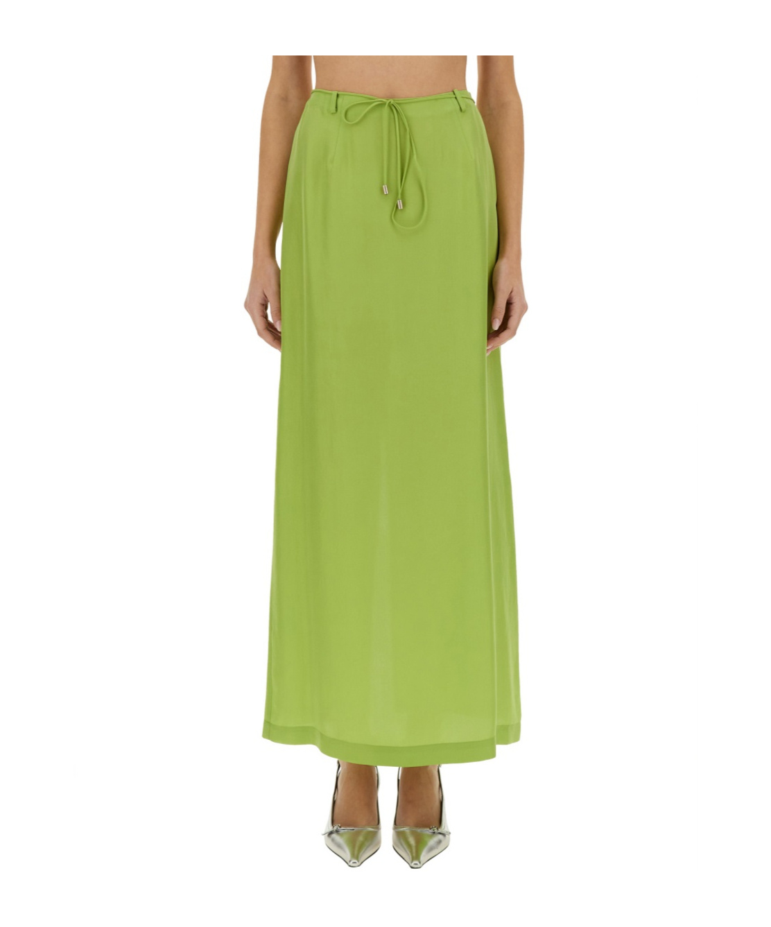 Alysi Silk Ankle Skirt Drawstring Waist Slit In Green