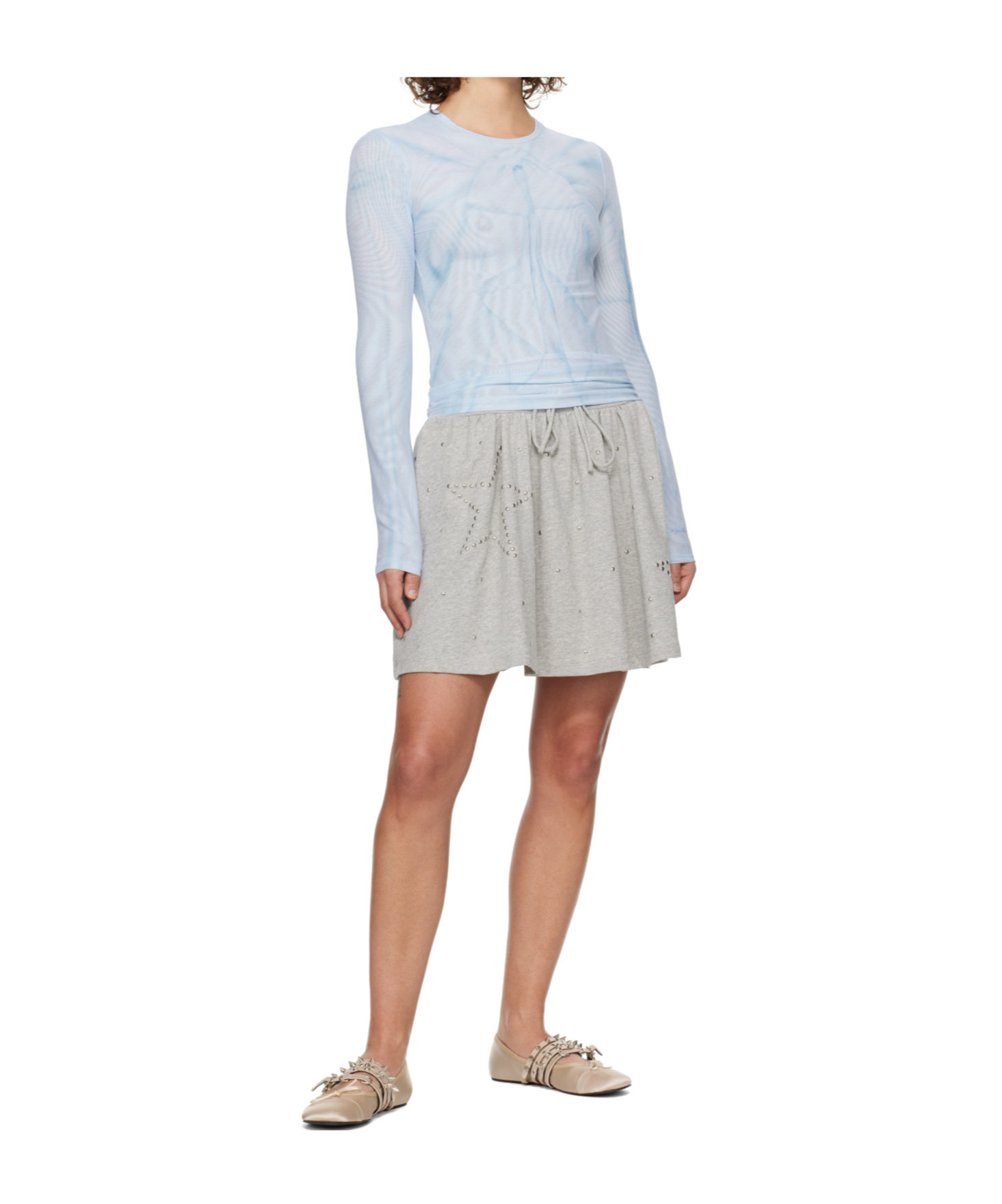 Open Yy Ribbon Print Mesh Long-sleeved T-shirt In Blue