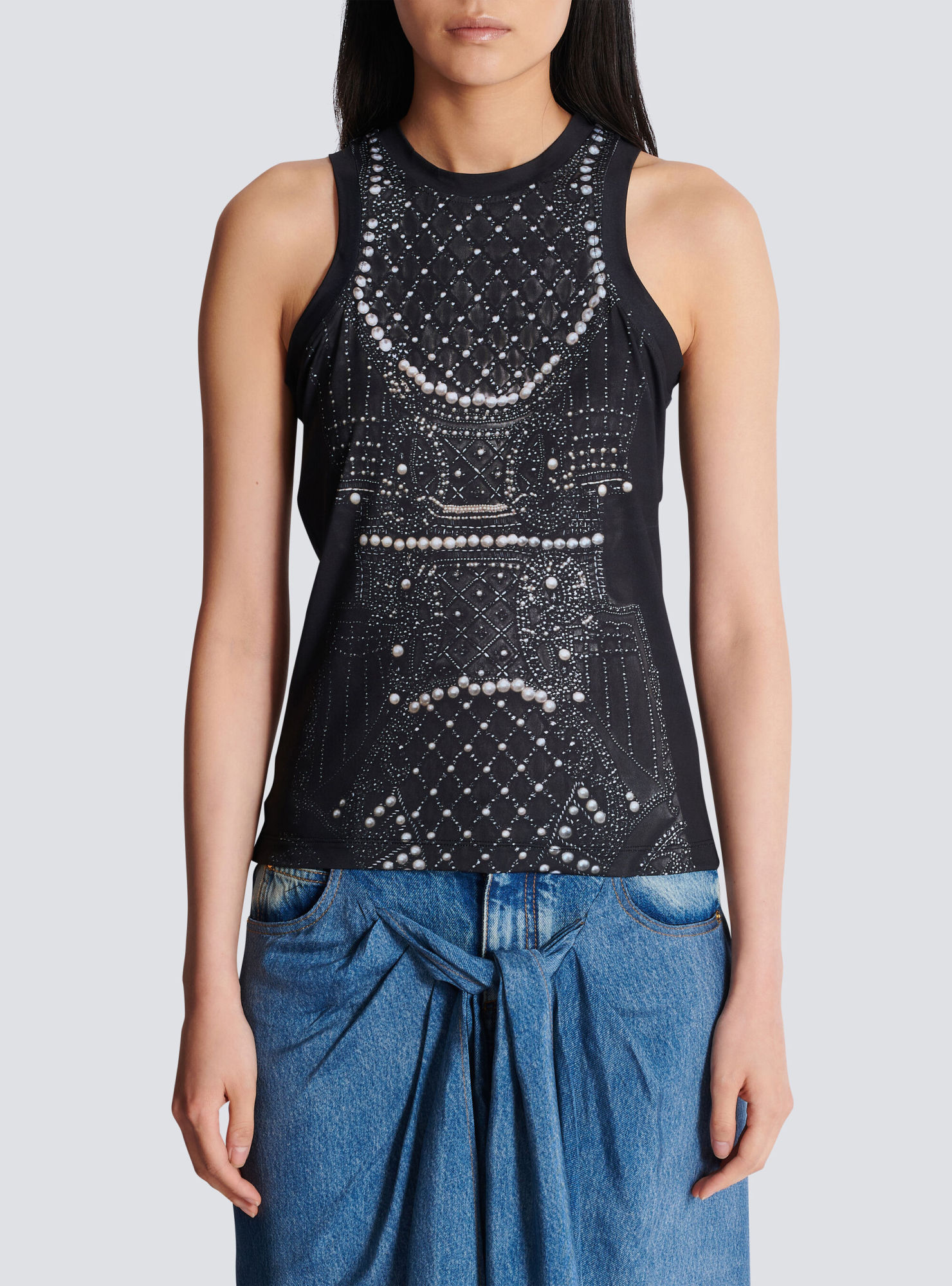 Balmain Soft Tank Top With Faux Embroidery Print In Black