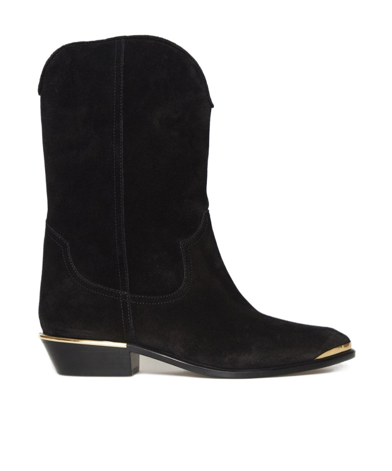 Isabel Marant Block Heel Suede Boot With Gold Trim In Black