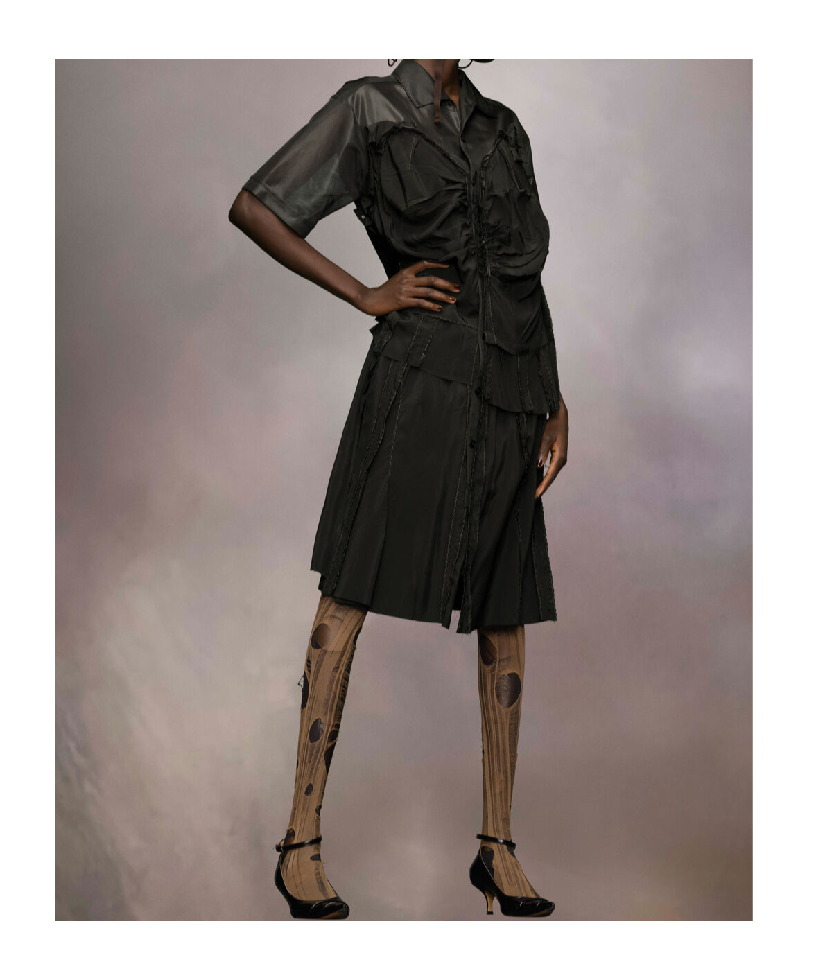 Maison Margiela Womens Mesh-panels Short-sleeves Woven Midi Dress Black And Black In Black
