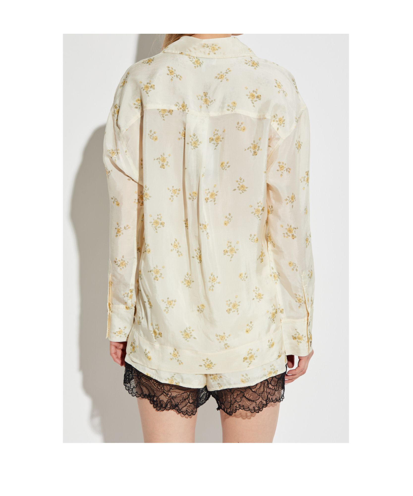 Ganni Off-white Floral Tie String Shirt In Yellow