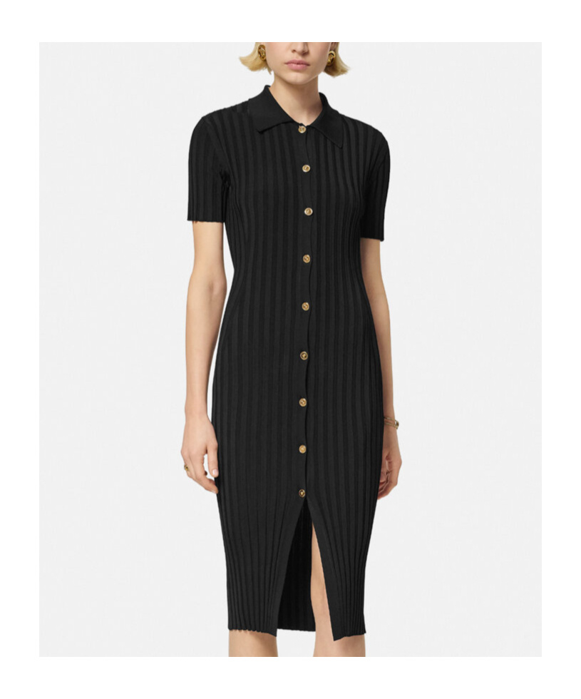 Versace Short-sleeve Flat-rib Knit Button-front Shirtdress In Black