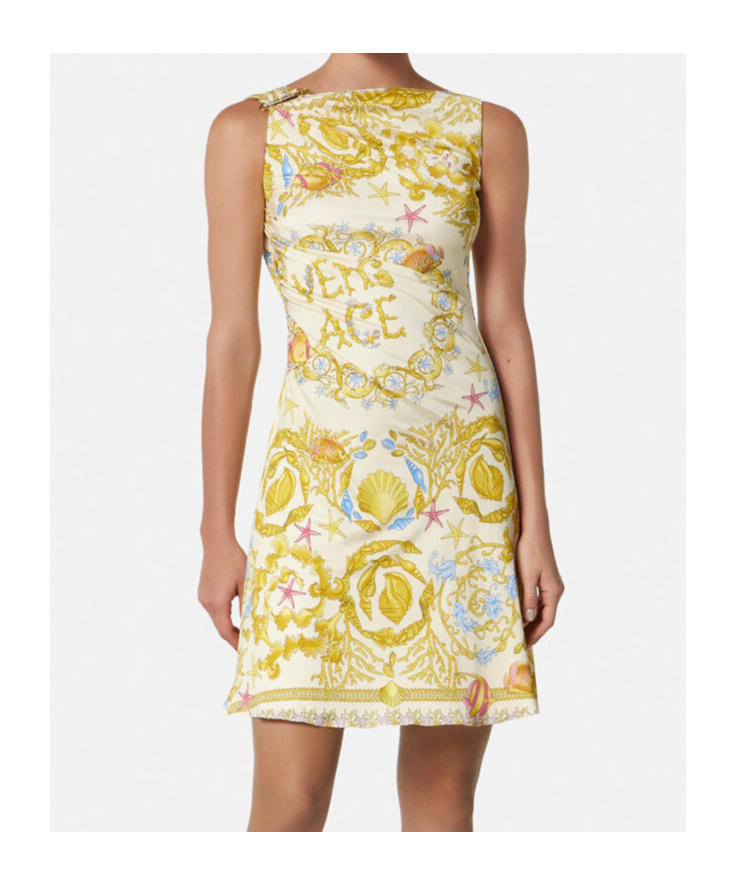 Versace Underwater Barocco Multicolor Sleeveless Dress With Tie Detail On The Sleeve And All-over Barocco Mo