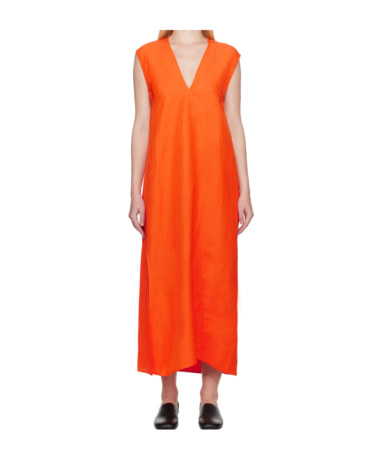 Studio Nicholson Orange Lise Linen Midi Dress In Red
