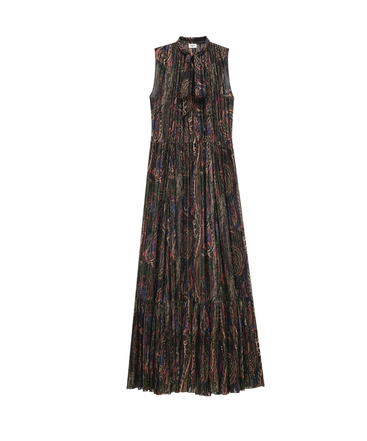 Saint Laurent Pleated Tiered Paisley-print Metallic Silk-blend Georgette Maxi Dress In Black