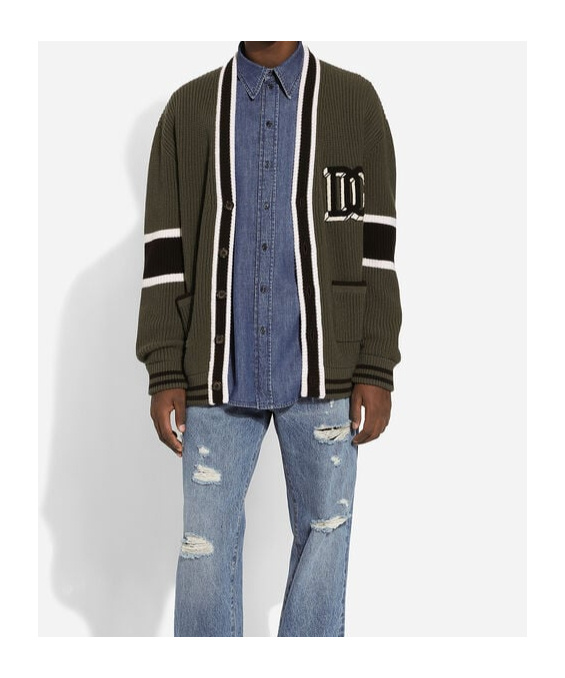 Dolce & Gabbana Striped Virgin Wool V-neck Cardigan In Black