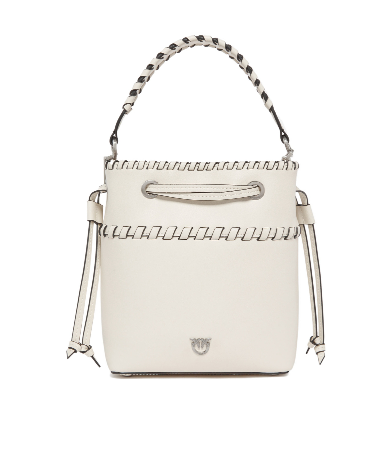 Pinko Small Leather Bucket Bag With Threaded Detailing In White