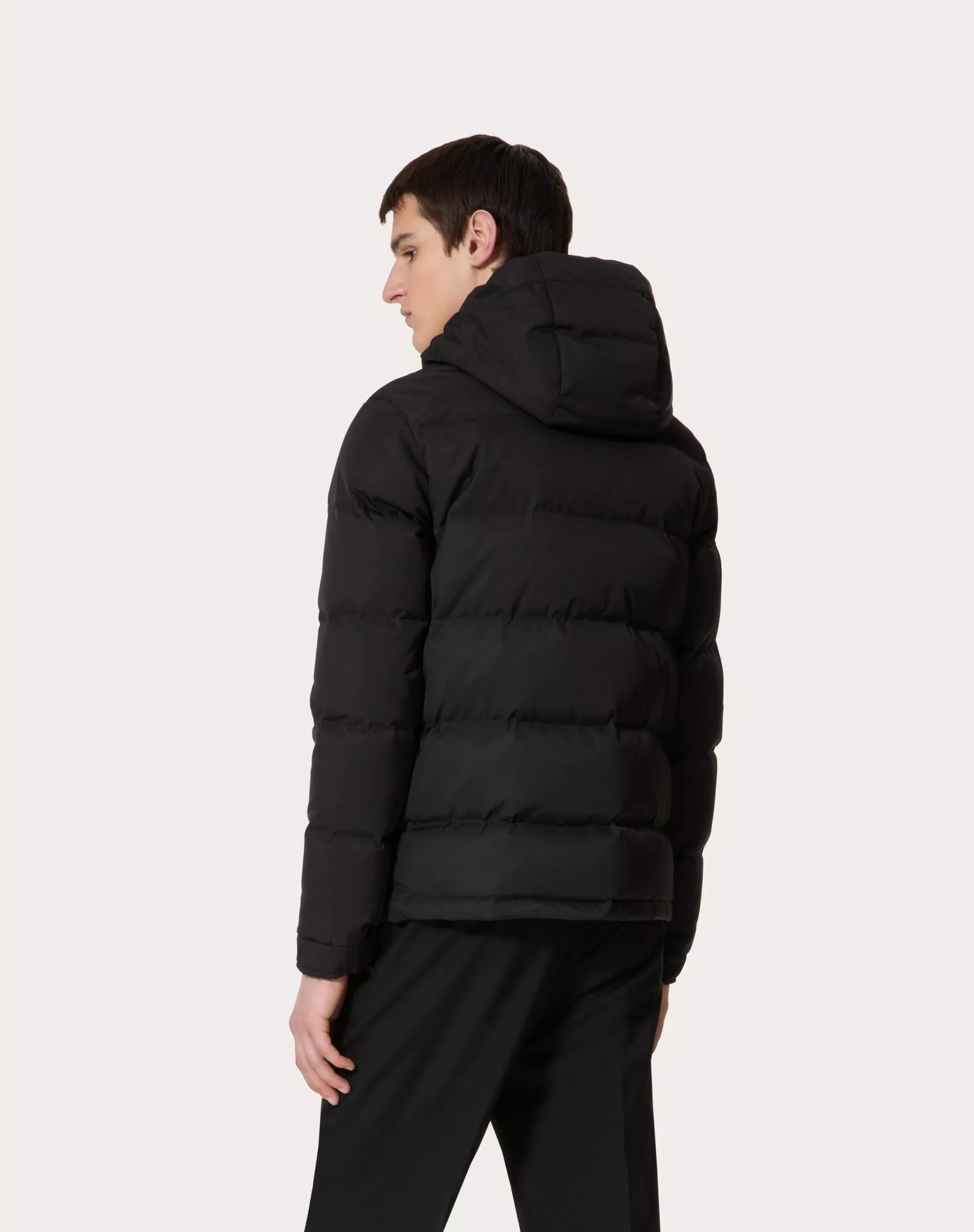 Valentino Nylon Hooded Down Jacket With Leather Patch And Vlogo Signature In Black