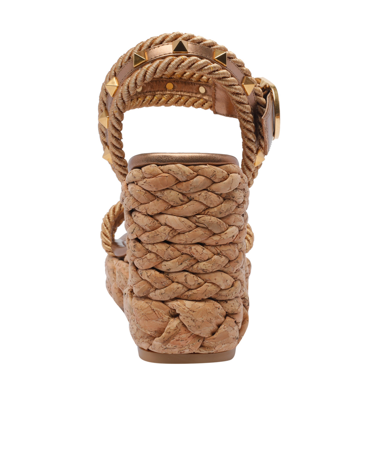 Valentino Studded Leather Cork Wedge Sandals In Brown