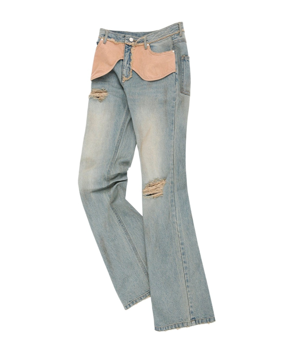 Andersson Bell Blue Deconstructed Dirty Wash Bootcut Jeans In Washed Blue