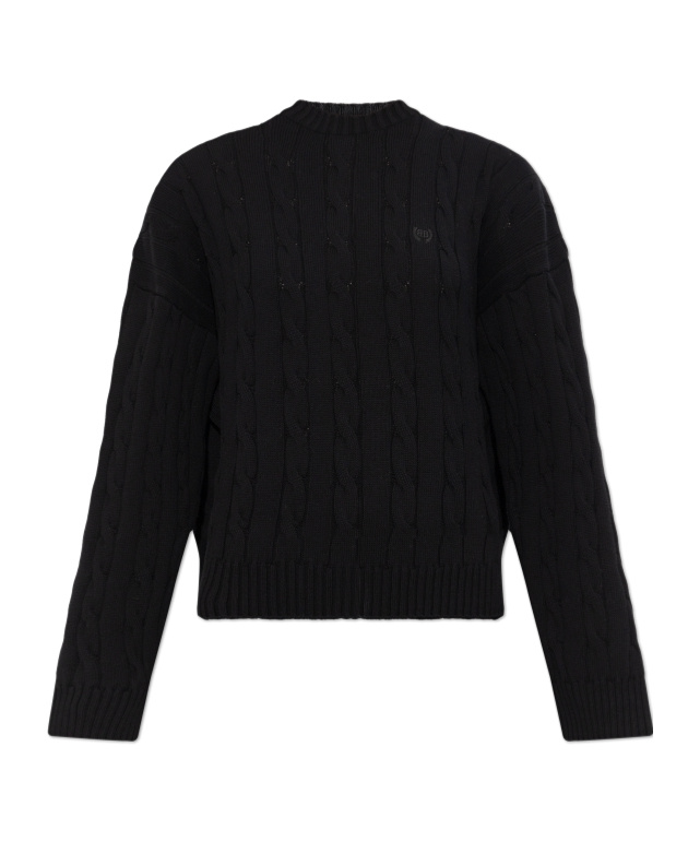 Balenciaga Cable Knit Logo Crew Neck Sweater In Black